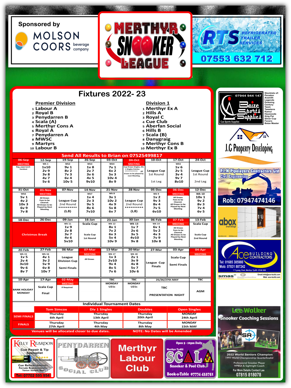 Merthyr League Fixtures 2022-23